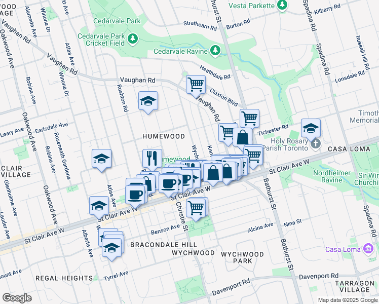 map of restaurants, bars, coffee shops, grocery stores, and more near 210 Wychwood Avenue in Toronto
