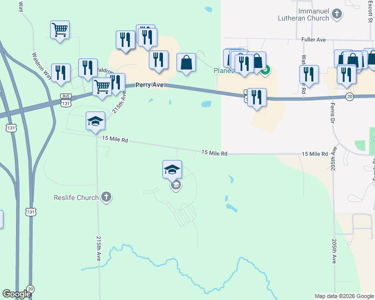 map of restaurants, bars, coffee shops, grocery stores, and more near 21175 15 Mile Road in Big Rapids