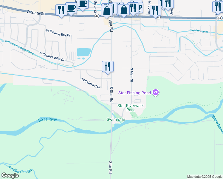 map of restaurants, bars, coffee shops, grocery stores, and more near 11231 West Hercules Drive in Star