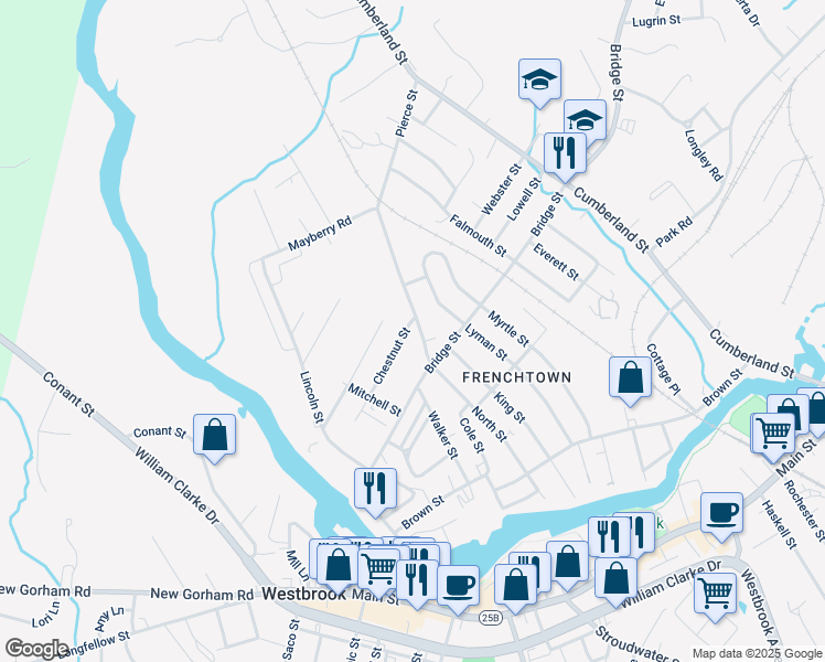 map of restaurants, bars, coffee shops, grocery stores, and more near 31 Pierce Street in Westbrook