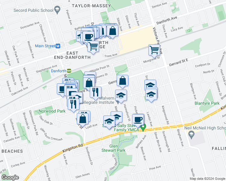map of restaurants, bars, coffee shops, grocery stores, and more near in Toronto