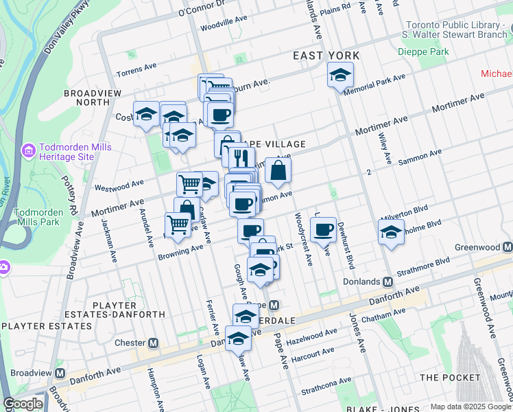 map of restaurants, bars, coffee shops, grocery stores, and more near in Toronto