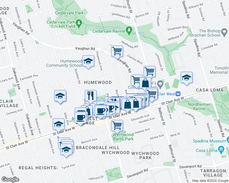 map of restaurants, bars, coffee shops, grocery stores, and more near 61 Pinewood Avenue in Toronto
