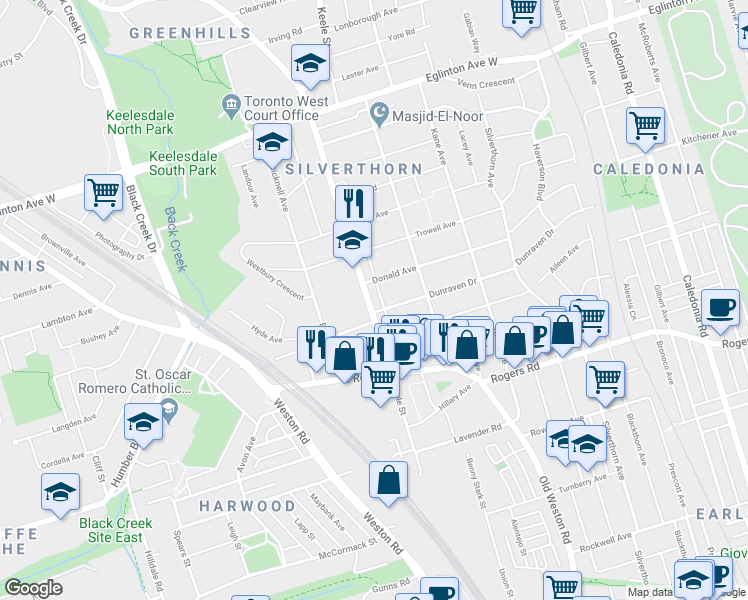 map of restaurants, bars, coffee shops, grocery stores, and more near in Toronto