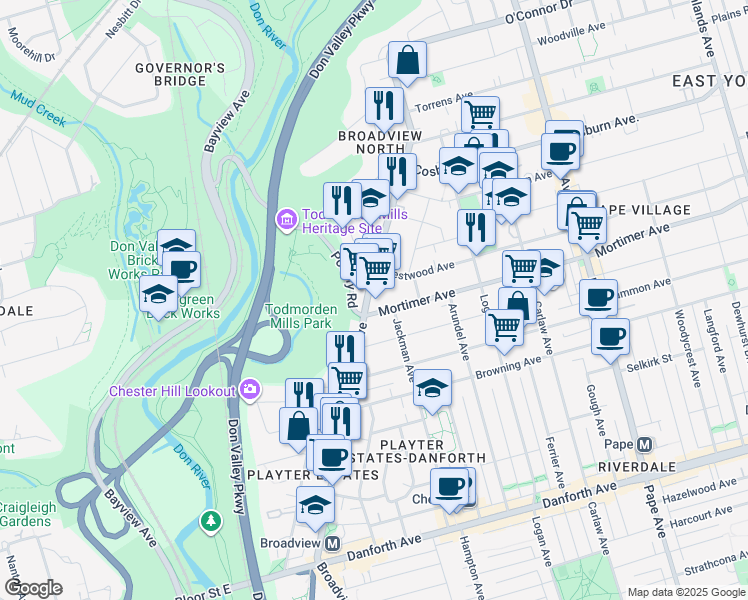 map of restaurants, bars, coffee shops, grocery stores, and more near in Toronto