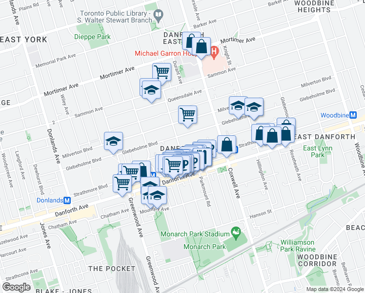 map of restaurants, bars, coffee shops, grocery stores, and more near 167 Monarch Park Avenue in Toronto