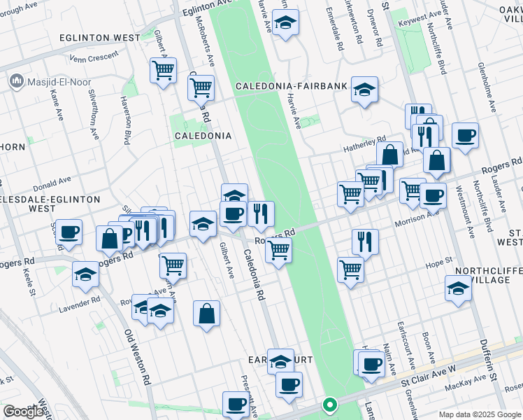 map of restaurants, bars, coffee shops, grocery stores, and more near 359 McRoberts Avenue in Toronto