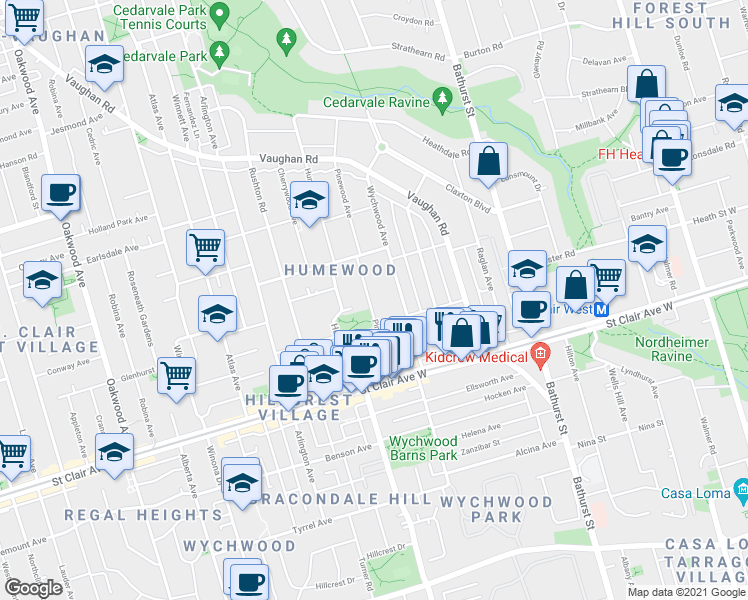 map of restaurants, bars, coffee shops, grocery stores, and more near 61 Pinewood Avenue in Toronto