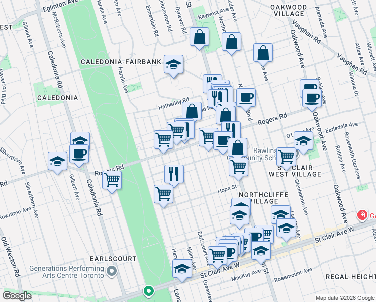 map of restaurants, bars, coffee shops, grocery stores, and more near in Toronto