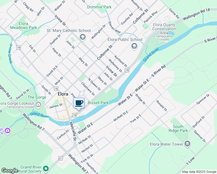 map of restaurants, bars, coffee shops, grocery stores, and more near 127 East Mill Street in Wellington County