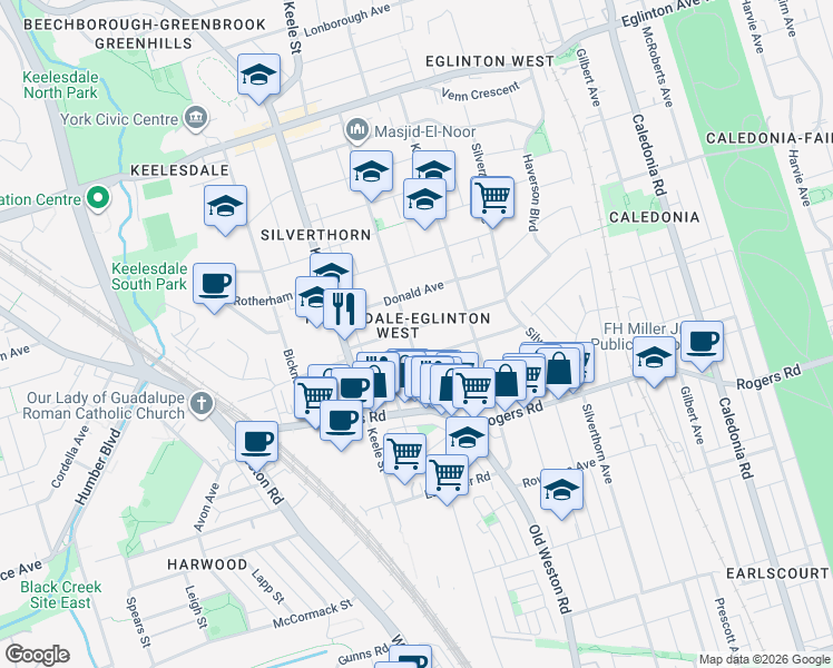 map of restaurants, bars, coffee shops, grocery stores, and more near in Toronto