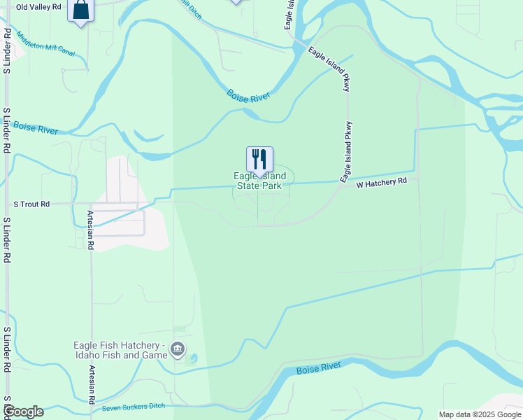 map of restaurants, bars, coffee shops, grocery stores, and more near West Eagle Island Park Parkway in Eagle