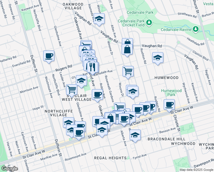 map of restaurants, bars, coffee shops, grocery stores, and more near 76 Roseneath Gardens in Toronto
