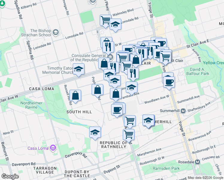 map of restaurants, bars, coffee shops, grocery stores, and more near 160 Balmoral Avenue in Toronto