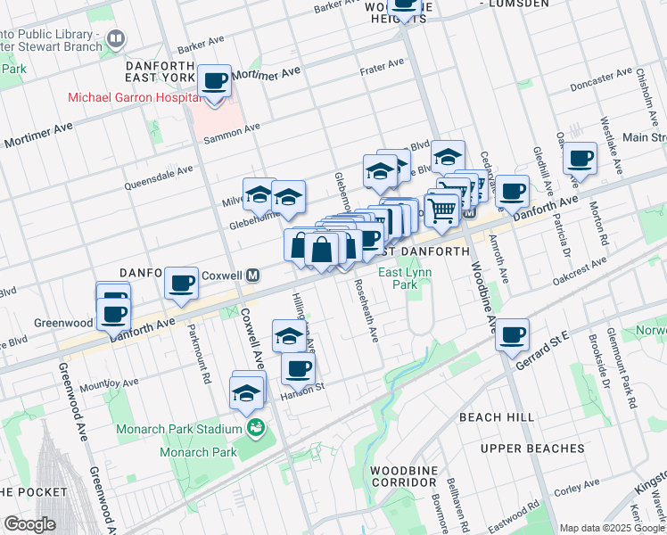 map of restaurants, bars, coffee shops, grocery stores, and more near 1776 Danforth Avenue in Toronto