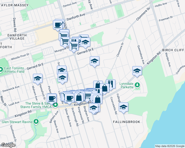 map of restaurants, bars, coffee shops, grocery stores, and more near 36 Winston Avenue in Toronto