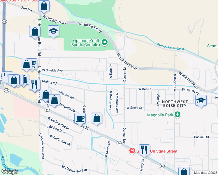 map of restaurants, bars, coffee shops, grocery stores, and more near 9610 West Ben Street in Boise