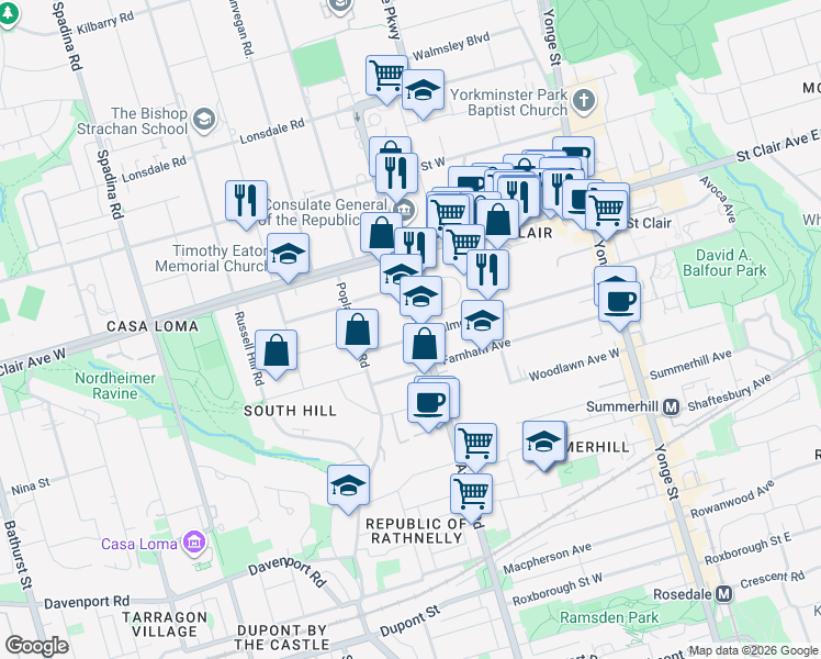 map of restaurants, bars, coffee shops, grocery stores, and more near 160 Balmoral Avenue in Toronto