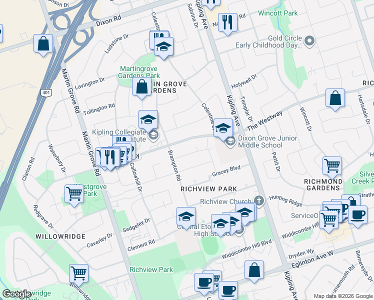 map of restaurants, bars, coffee shops, grocery stores, and more near in Toronto