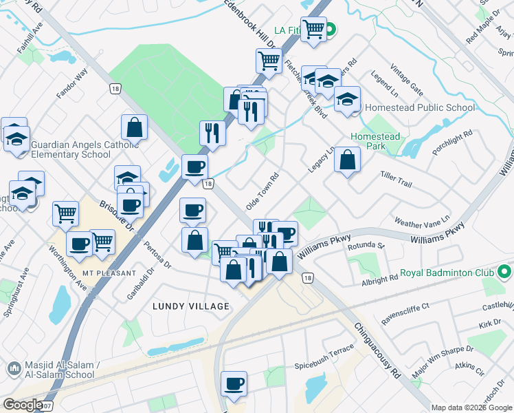 map of restaurants, bars, coffee shops, grocery stores, and more near 88 Olde Town Road in Brampton
