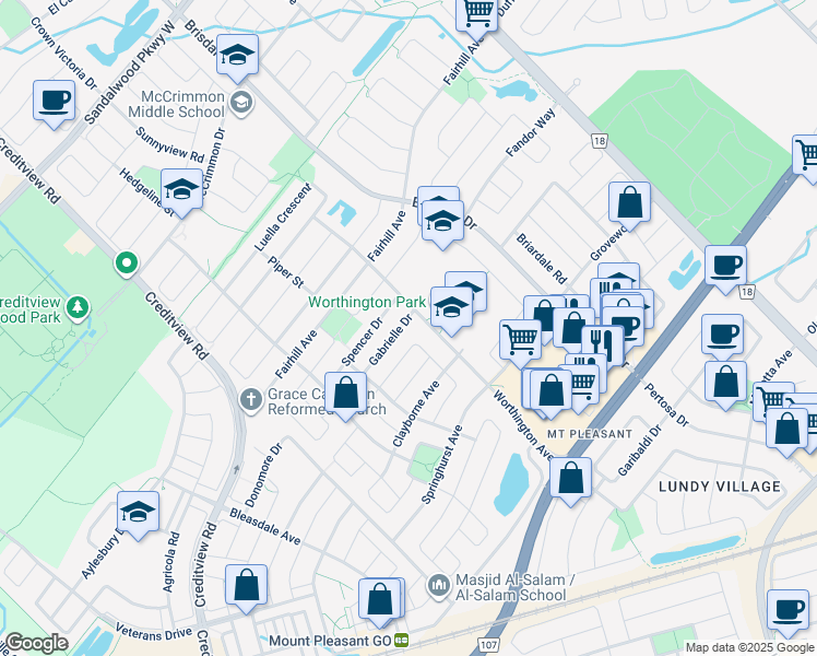 map of restaurants, bars, coffee shops, grocery stores, and more near 7 Gabrielle Drive in Brampton