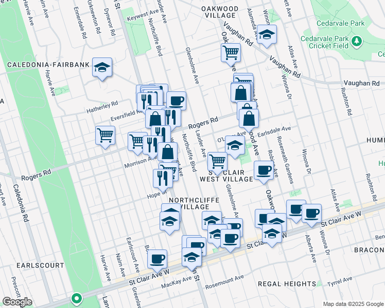 map of restaurants, bars, coffee shops, grocery stores, and more near 345b Northcliffe Boulevard in Toronto