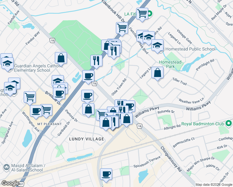 map of restaurants, bars, coffee shops, grocery stores, and more near 88 Olde Town Road in Brampton