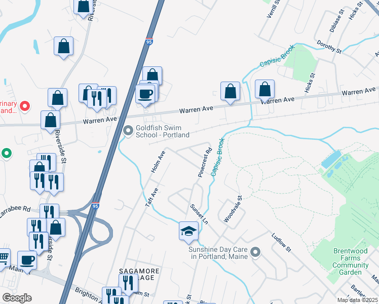 map of restaurants, bars, coffee shops, grocery stores, and more near 30 Aspen Drive in Portland