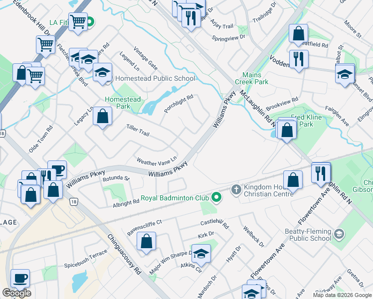 map of restaurants, bars, coffee shops, grocery stores, and more near 2 Fletchers Creek Boulevard in Brampton