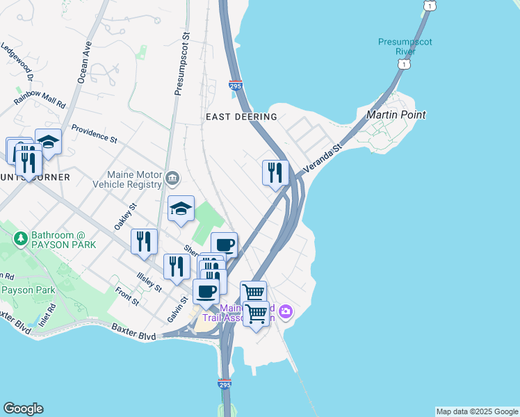 map of restaurants, bars, coffee shops, grocery stores, and more near 144 Veranda Street in Portland