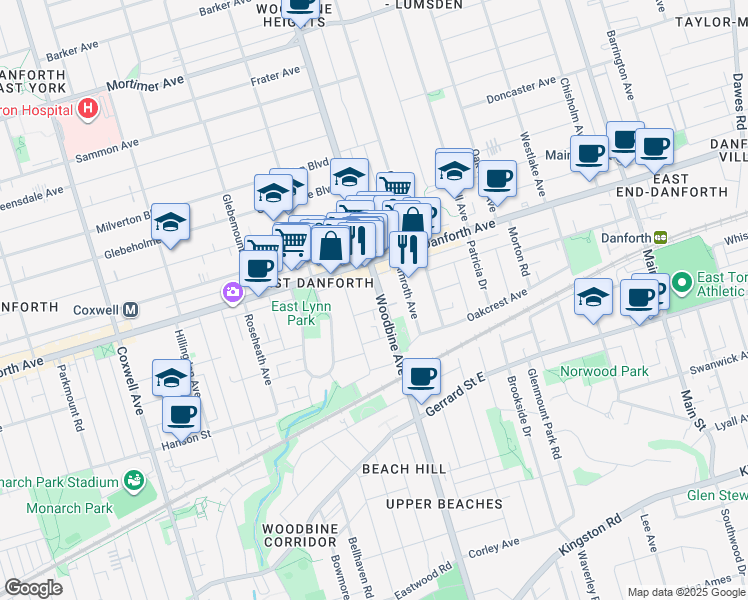 map of restaurants, bars, coffee shops, grocery stores, and more near in Toronto