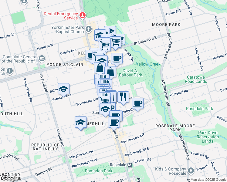 map of restaurants, bars, coffee shops, grocery stores, and more near in Toronto