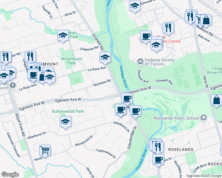 map of restaurants, bars, coffee shops, grocery stores, and more near in Toronto