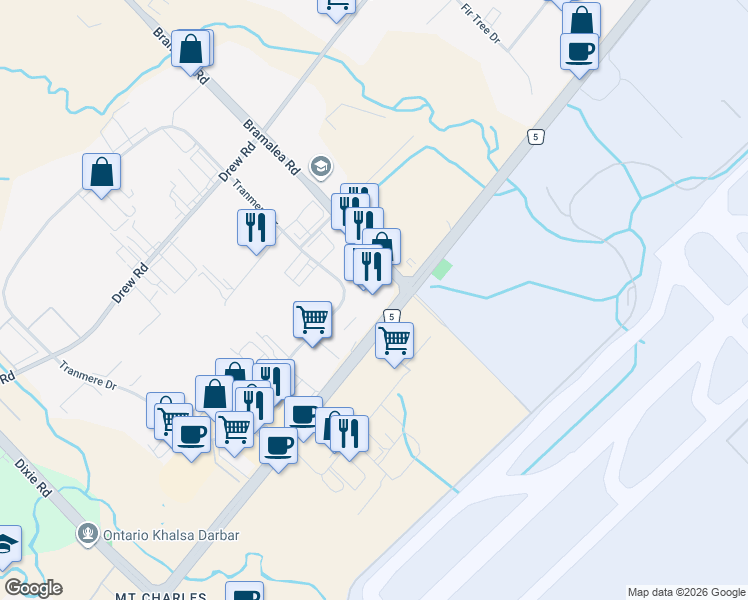 map of restaurants, bars, coffee shops, grocery stores, and more near 7050A Bramalea Road in Mississauga