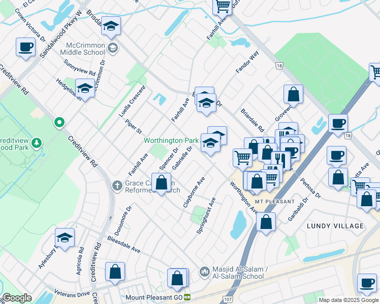 map of restaurants, bars, coffee shops, grocery stores, and more near 7 Gabrielle Drive in Brampton