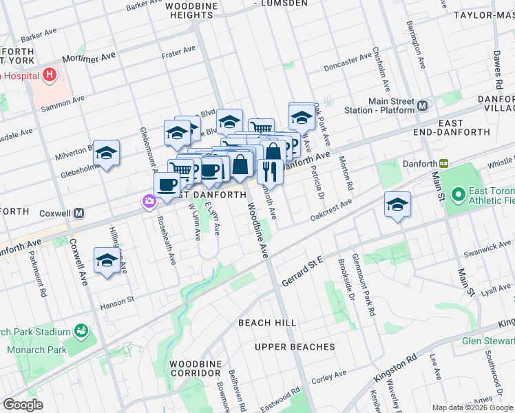 map of restaurants, bars, coffee shops, grocery stores, and more near 911 Woodbine Avenue in Toronto