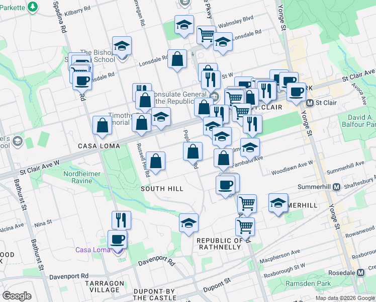 map of restaurants, bars, coffee shops, grocery stores, and more near 236 Poplar Plains Road in Toronto