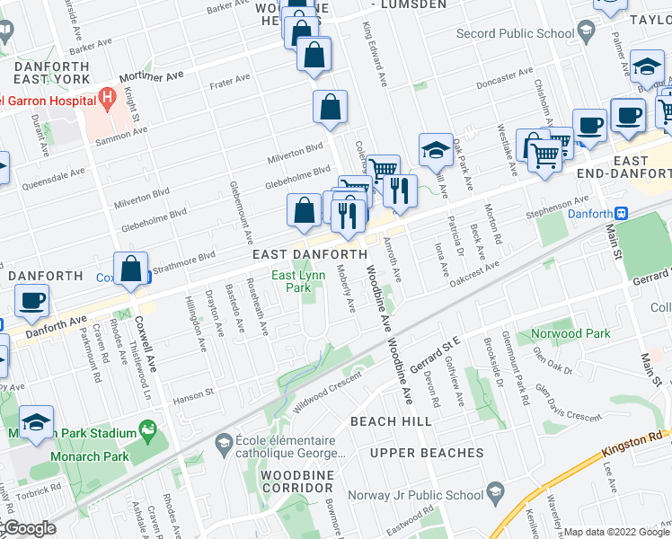 map of restaurants, bars, coffee shops, grocery stores, and more near 88 Moberly Avenue in Toronto