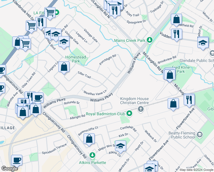 map of restaurants, bars, coffee shops, grocery stores, and more near 14 Weather Vane Lane in Brampton
