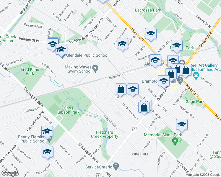 map of restaurants, bars, coffee shops, grocery stores, and more near 70 McMurchy Avenue North in Brampton