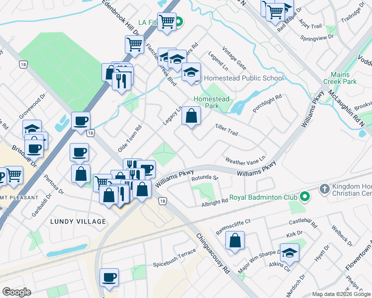 map of restaurants, bars, coffee shops, grocery stores, and more near 124 Binder Twine Trail in Brampton