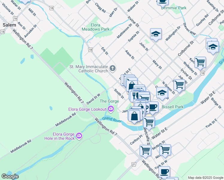 map of restaurants, bars, coffee shops, grocery stores, and more near 220 Smith Street in Elora
