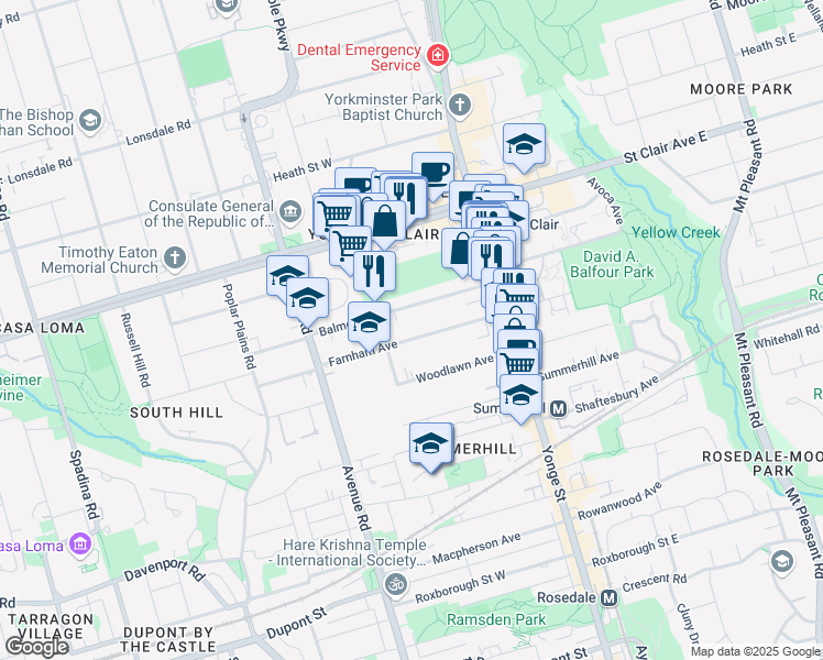 map of restaurants, bars, coffee shops, grocery stores, and more near 76 Farnham Avenue in Toronto