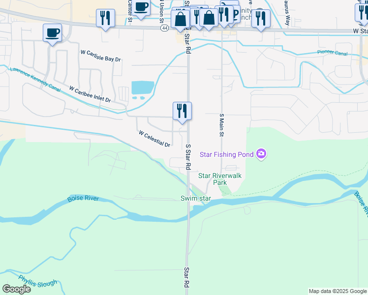 map of restaurants, bars, coffee shops, grocery stores, and more near 11231 West Hercules Drive in Star
