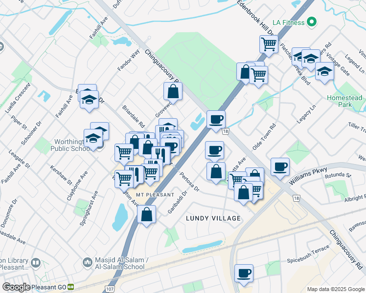 map of restaurants, bars, coffee shops, grocery stores, and more near 71 Farthingale Crescent in Brampton