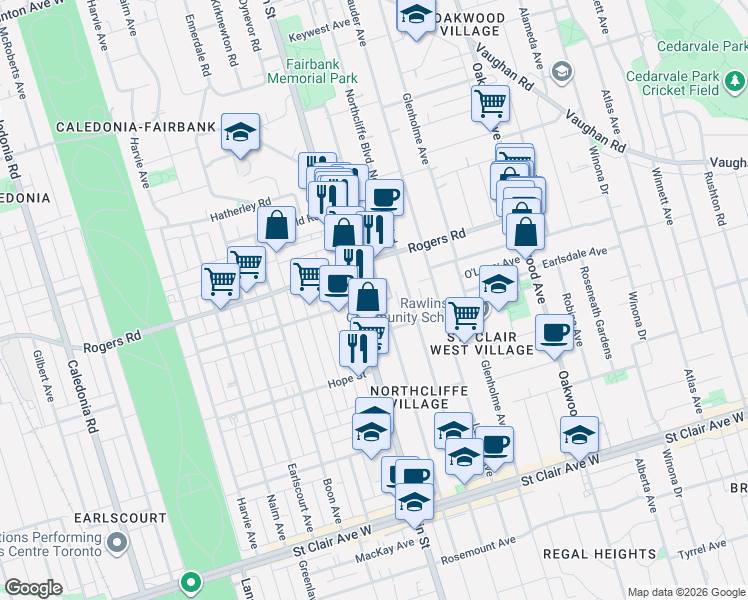 map of restaurants, bars, coffee shops, grocery stores, and more near 346 Westmount Avenue in Toronto