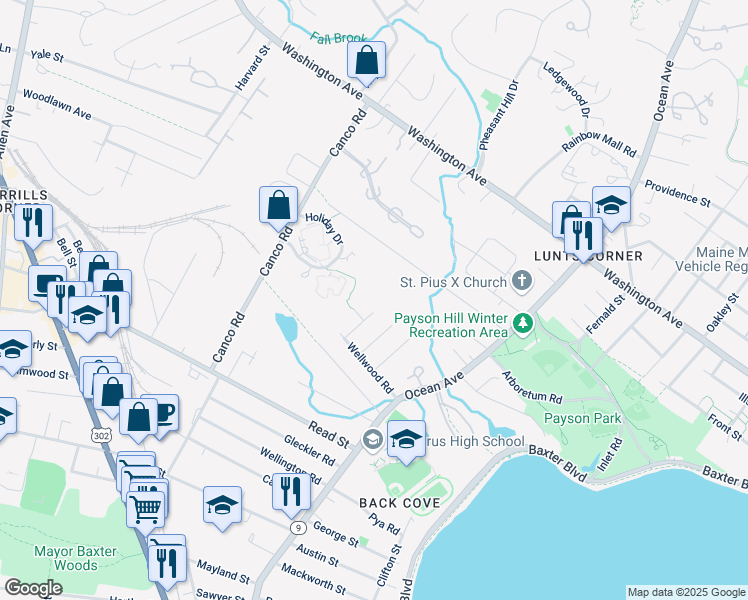 map of restaurants, bars, coffee shops, grocery stores, and more near 38 Kineo Street in Portland
