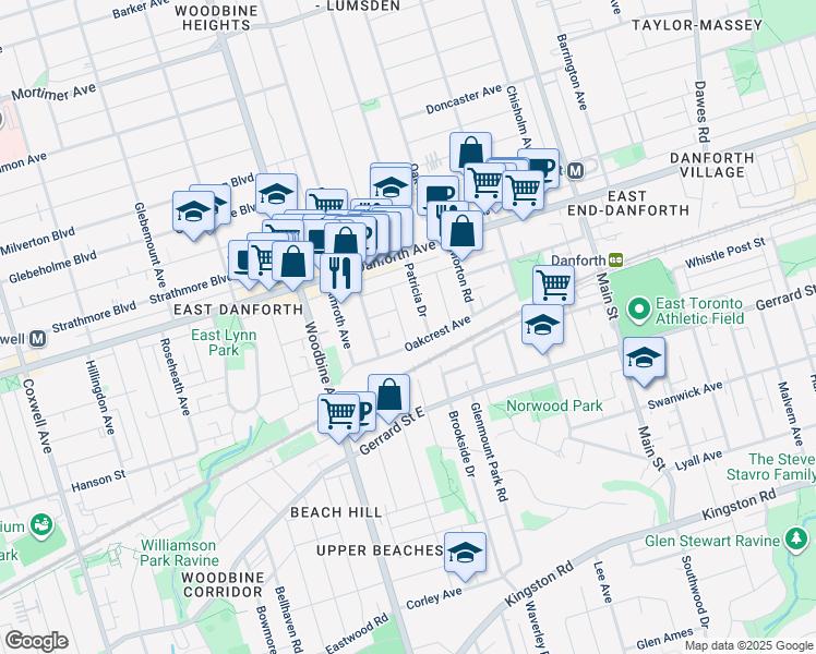 map of restaurants, bars, coffee shops, grocery stores, and more near 19 Iona Avenue in Toronto