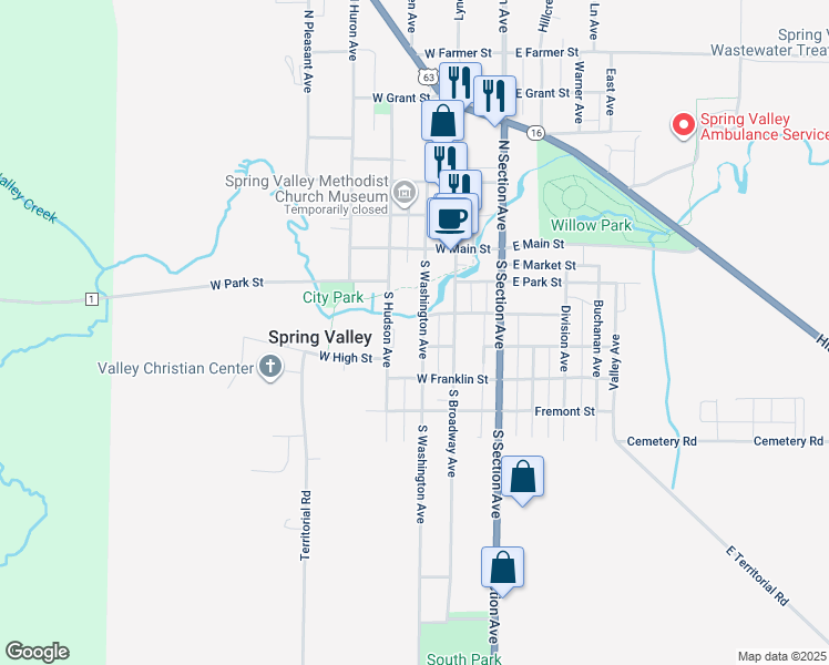 map of restaurants, bars, coffee shops, grocery stores, and more near 408 South Washington Avenue in Spring Valley