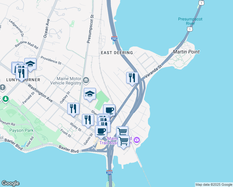 map of restaurants, bars, coffee shops, grocery stores, and more near 33 Hodgins Street in Portland